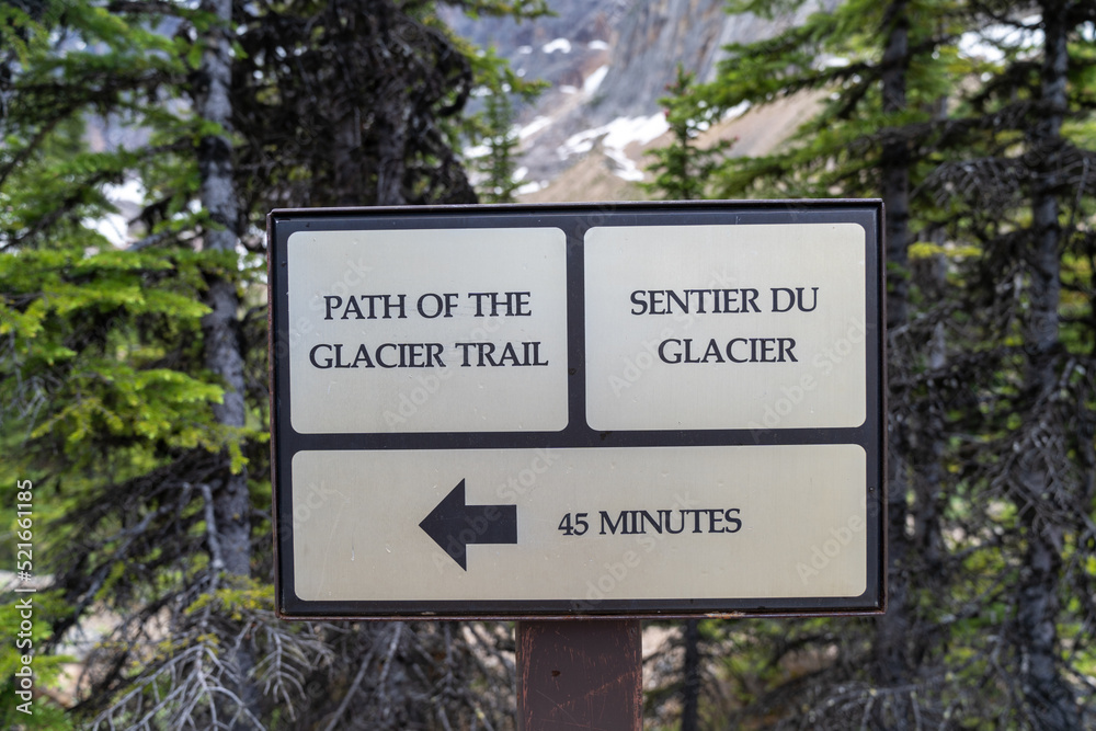Sign directing hikers to the Path of the Glacier trail in Jasper National Park at Mount Edith Cavell