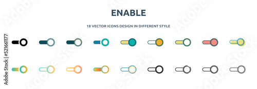 enable icon in 18 different styles such as thin line, thick line, two color, glyph, colorful, lineal color, detailed, stroke and gradient. set of enable vector for web, mobile, ui