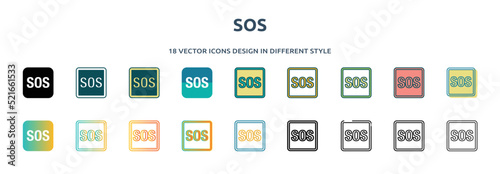 sos icon in 18 different styles such as thin line, thick line, two color, glyph, colorful, lineal color, detailed, stroke and gradient. set of sos vector for web, mobile, ui photo