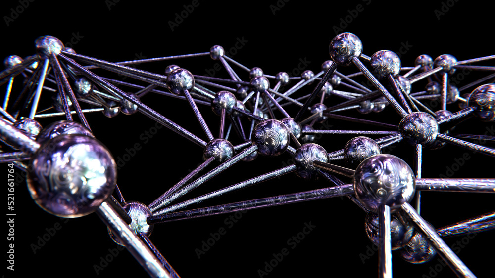 Realistic abstract 3D illustration of the iridescent  metallic alien alloy molecular plexus pattern against black