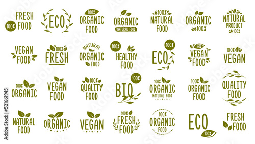 Set of Vegan, Eco, Bio, Organic, Fresh, Healthy, 100 percent, natural food. Natural product. Collection of 60 emblem, cafe, badges, tags, packaging. Vector illustration.