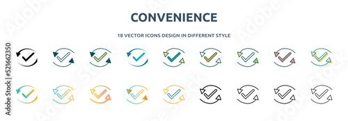 convenience icon in 18 different styles such as thin line, thick line, two color, glyph, colorful, lineal color, detailed, stroke and gradient. set of convenience vector for web, mobile, ui