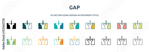 gap icon in 18 different styles such as thin line, thick line, two color, glyph, colorful, lineal color, detailed, stroke and gradient. set of gap vector for web, mobile, ui
