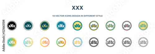 xxx icon in 18 different styles such as thin line, thick line, two color, glyph, colorful, lineal color, detailed, stroke and gradient. set of xxx vector for web, mobile, ui