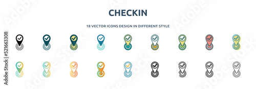 checkin icon in 18 different styles such as thin line, thick line, two color, glyph, colorful, lineal color, detailed, stroke and gradient. set of checkin vector for web, mobile, ui