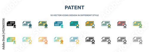 patent icon in 18 different styles such as thin line, thick line, two color, glyph, colorful, lineal color, detailed, stroke and gradient. set of patent vector for web, mobile, ui
