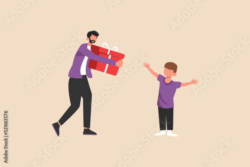 Happy young gets present from his father. Gift box concept. Flat vector illustration isolated.