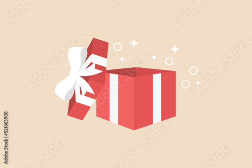 Open gift box with ribbon and stars. Gift box concept. Flat vector illustration isolated.