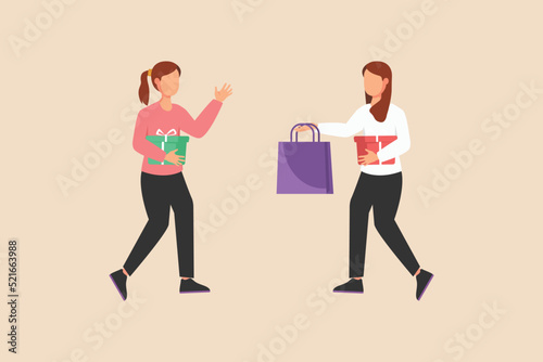 Happy girls give each other gift boxes. Gift box concept. Flat vector illustration isolated.