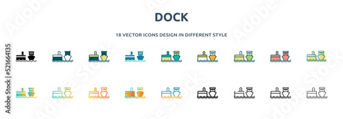 dock icon in 18 different styles such as thin line, thick line, two color, glyph, colorful, lineal color, detailed, stroke and gradient. set of dock vector for web, mobile, ui
