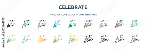 celebrate icon in 18 different styles such as thin line, thick line, two color, glyph, colorful, lineal color, detailed, stroke and gradient. set of celebrate vector for web, mobile, ui