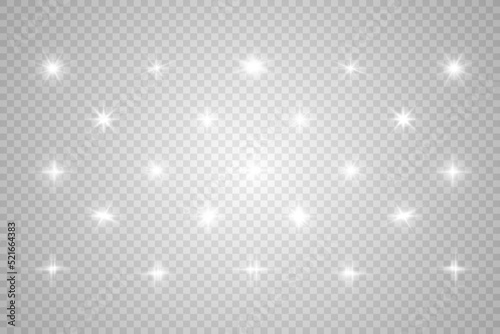  Set of bright beautiful stars. Light effect Bright Star. Beautiful light for illustration. Christmas star. White sparks sparkle with a special light. Vector sparkles on transparent background 