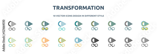 transformation icon in 18 different styles such as thin line, thick line, two color, glyph, colorful, lineal color, detailed, stroke and gradient. set of transformation vector for web, mobile, ui