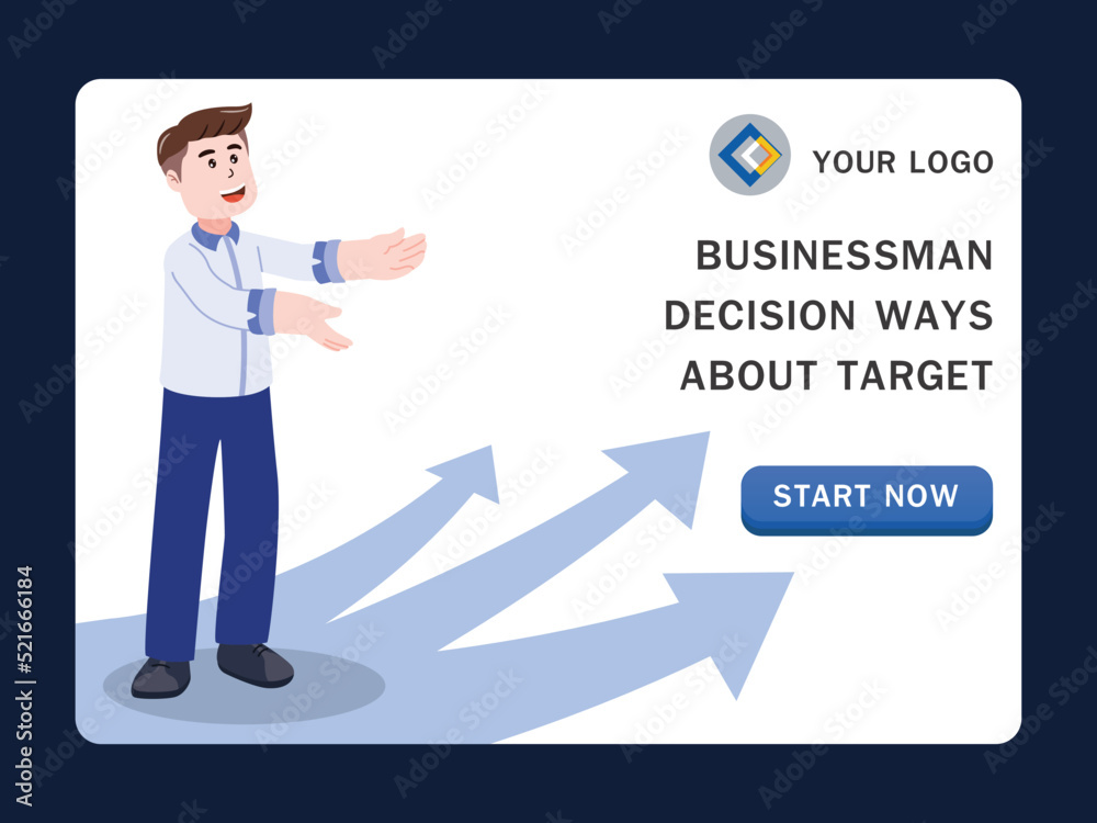 Businessman decision ways about target, choices, making decision of development. Solution choice of way, cartoon character vector illustration. Businessman decision ways about target, choices, making decision of development. Solution choice of way, cartoon character vector illustration.
