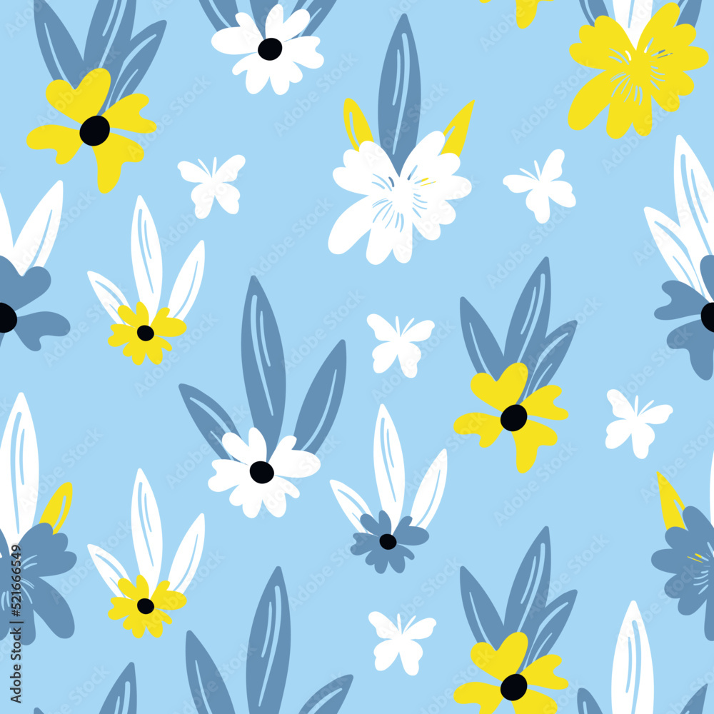 Seamless floral pattern based on traditional folk art ornaments. Colorful flowers on color background. Scandinavian style. Sweden nordic style. Vector illustration. Simple minimalistic pattern Seamless floral pattern based on traditional folk art ornaments. Colorful flowers on color background. Scandinavian style. Sweden nordic style. Vector illustration. Simple minimalistic pattern