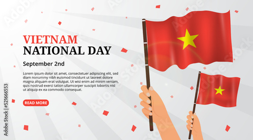 Vietnam national day background with a hand holding waving flag