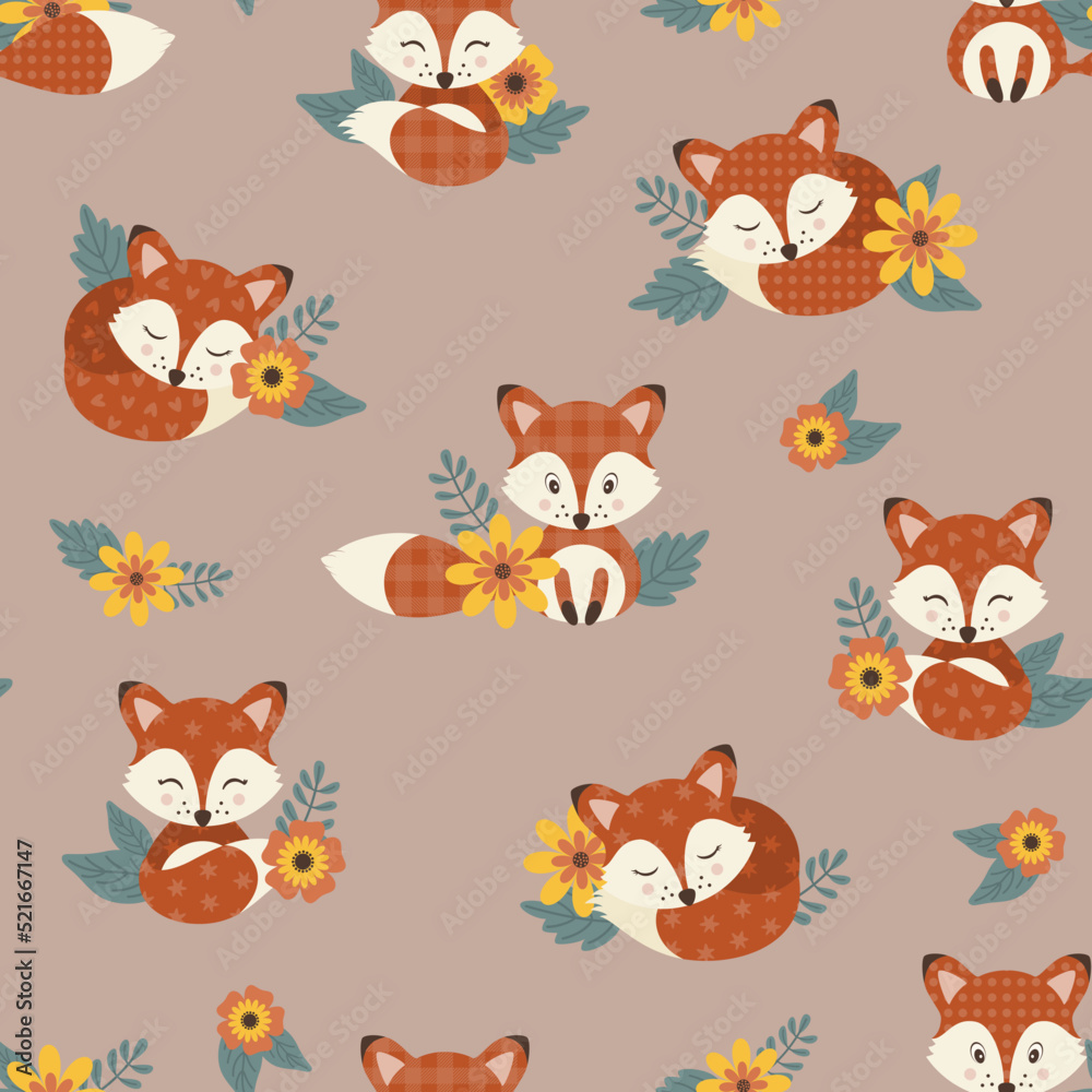 Seamless pattern with cute foxies and floral elements. Vector illustration.
