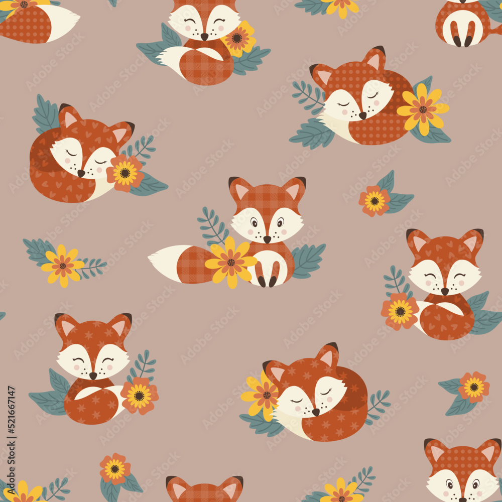 Obraz premium Seamless pattern with cute foxies and floral elements. Vector illustration.