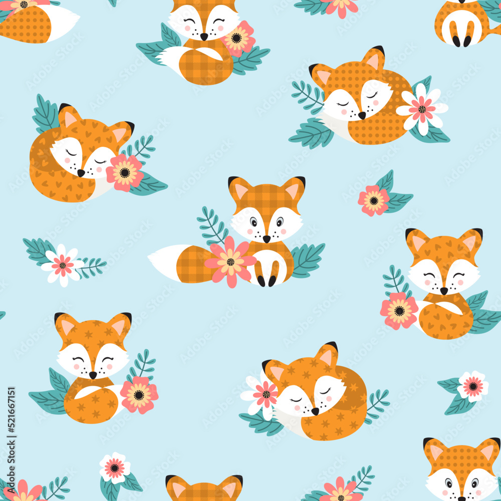 Obraz premium Seamless pattern with cute foxies and floral elements. Vector illustration.