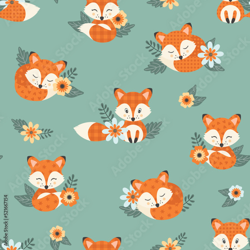 Seamless pattern with cute foxies and floral elements. Vector illustration.