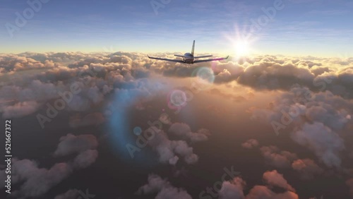 Generic small private airplane flying above clouds at sunset. Aerial view of a plane with one propeller engine traveling above the ocean.