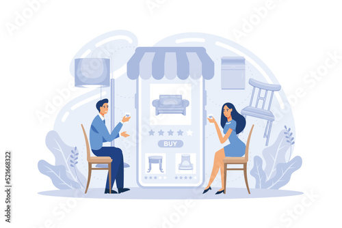 Furniture and home accessories store. shopping furniture and home decor online use smartphone. Sofa shop. flat vector illustration