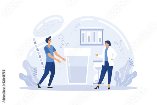 Male Character Give Urine Test in Clinical Laboratory. Tiny Doctors at Huge Microscope and Container with Urine Research Specimen and Litmus. Health Care Concept.