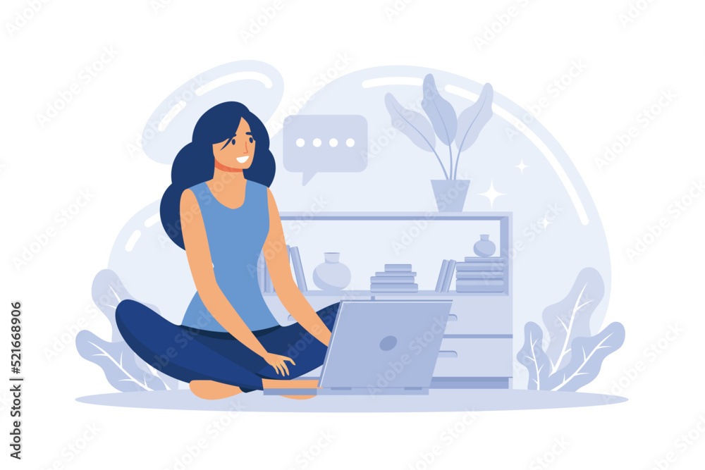 Young woman sitting on the floor and working on a laptop, freelance flat vector illustration