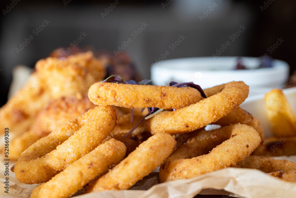 fried onion rings with other products in the cafe fried onion rings with other products in the cafe