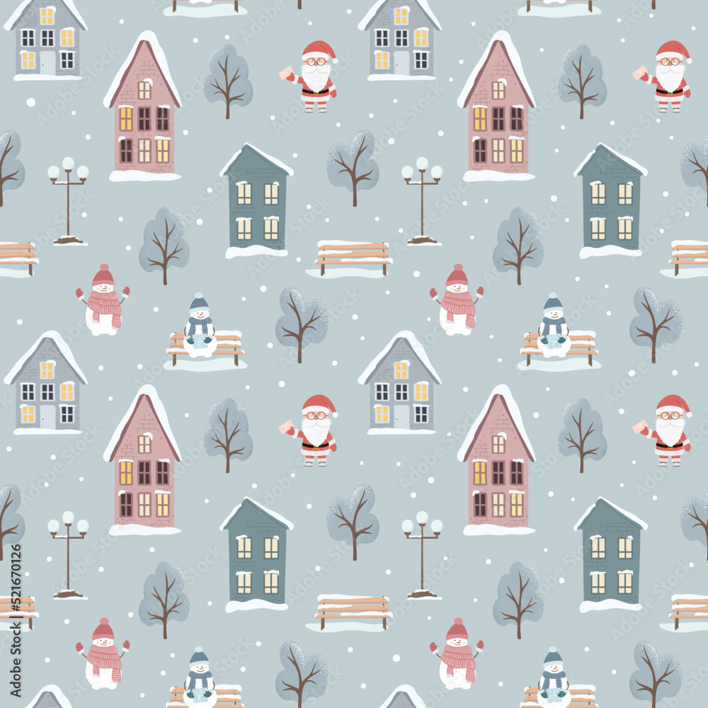 Christmas seamless pattern with winter houses, snowmen, Santa Claus, trees and other elements. Flat style.