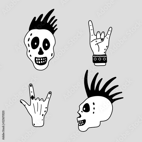 Doodle punk rock skull and gesture hand.Stylized funny skeletal character.Rock music design element.Isolated on gray background.