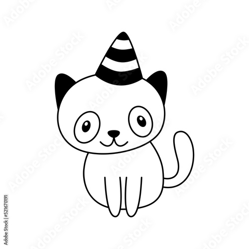Doodle cute cat sits with festive cap on head.Vector cartoon kitten for kid design.Childish holiday clipart.Outline.Sketch.Isolated on white background.