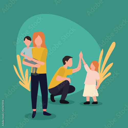 Simple Vector illustration background about young dad giving high five to his daughter while mom carrying sleepy son at home vector illustration. Happy family parenting concept. Modern design vector