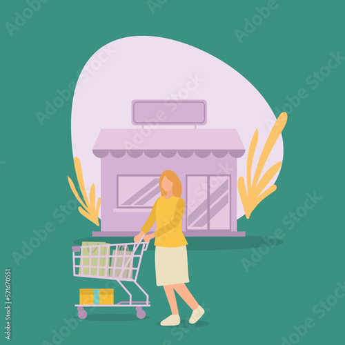 Simple Vector illustration background about young happy female pushing trolley at the supermarket while shopping fruits, vegetables, bread, milk. Shopping in hypermarket concept. Modern design vector