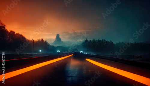 Night autobahn with neon lights and light traffic. Night track  road. 3D illustration
