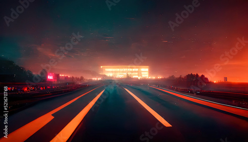 Night autobahn with neon lights and light traffic. Night track  road. 3D illustration