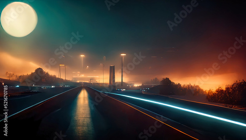 Night autobahn with neon lights and light traffic. Night track, road. 3D illustration © Terablete
