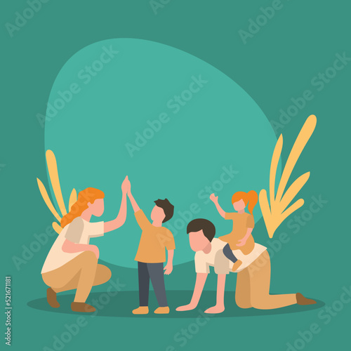 Simple Vector illustration background about young mother and father playing with their children at home, giving high five.Quality time.Happy family parenting concept. Modern design vector illustration