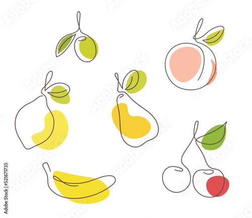 Fototapeta Naklejka Na Ścianę i Meble -  Set of one continuous line art fruits and berries - lemon, banana, pear, peach, cherries and olive. Vector illustration isolated on white background