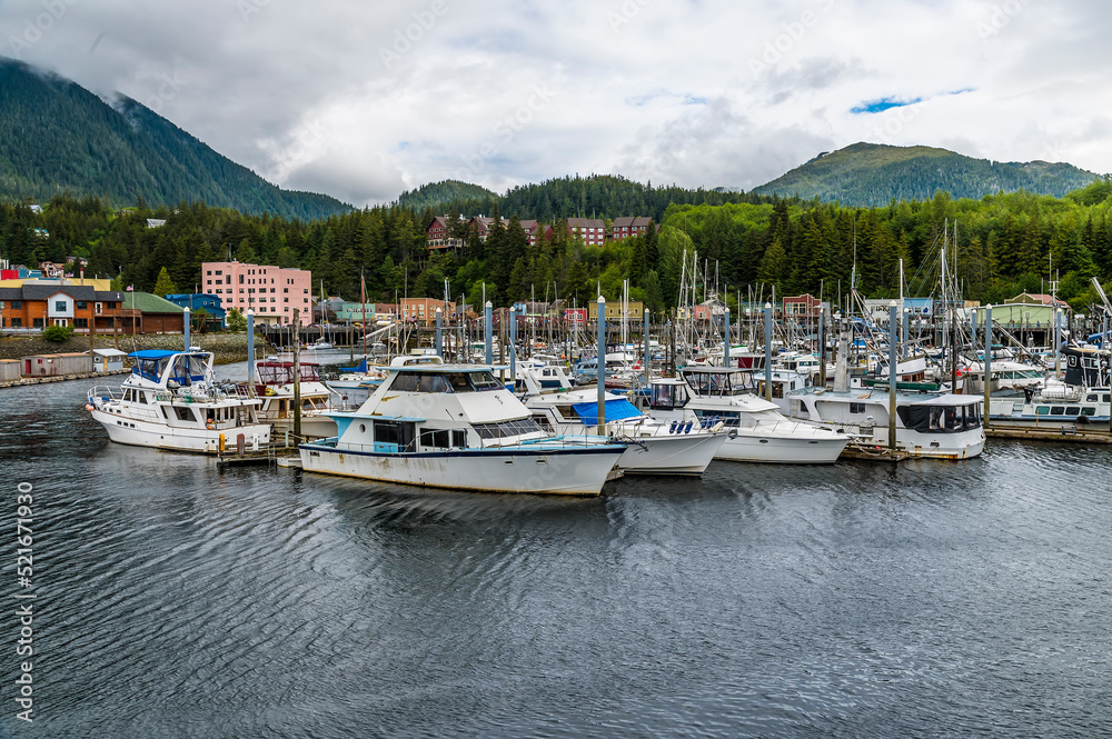 A view from the outer barrage across the marina in Ketchikan, Alaska in summertime