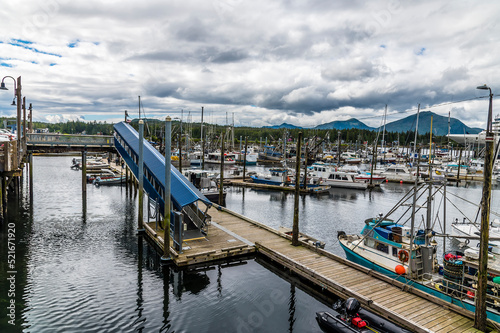 A view from shore across the marina in Ketchikan, Alaska in summertime