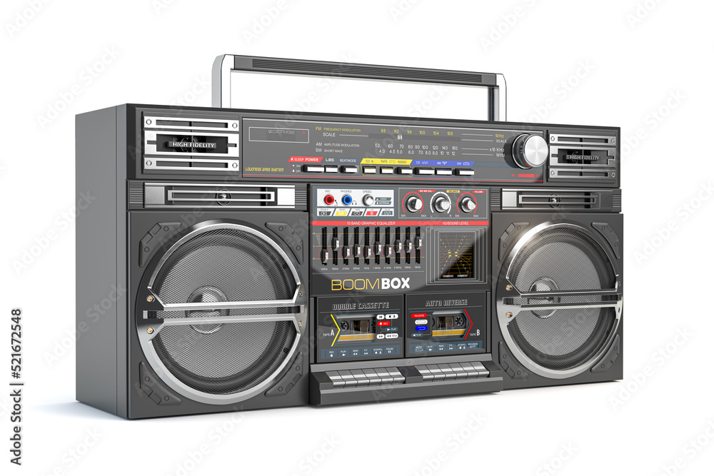 Retro ghetto blaster boombox, radio and audio tape recorder isolated on white. - obrazy, fototapety, plakaty 