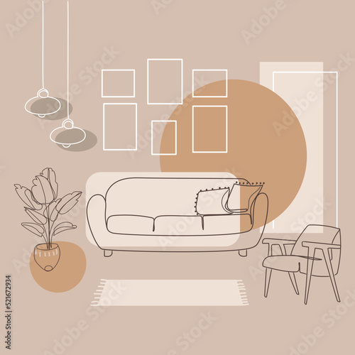 Modern design living room interior line art drawing in abstract style in pastel natural colors,vector graphic.Furniture,sofa,armchair,chandeliers,blank pictures,houseplant.Minimal interior design