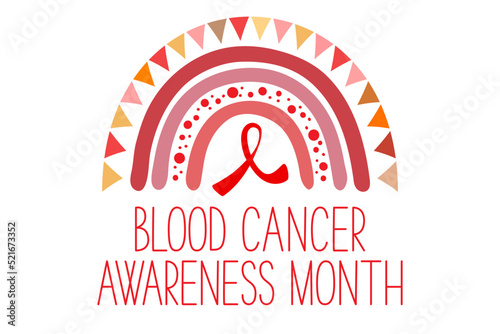 Blood Cancer Awareness Month banner.  Red ribbon, garland and colored rainbow on a white background.	