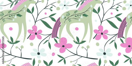 Hand drawn horse seamless pattern im scandinavian style. Cute cartoon banner with wild flower and stylized animals