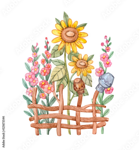 Wallpaper Mural Cute watercolor illustration with a traditional Ukrainian wicker fence, sunflowers, mallows and jugs. Torontodigital.ca