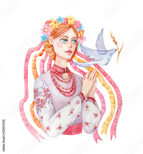 Wallpaper Mural A watercolor drawing of a cute Ukrainian girl wearing a traditional embroidered shirt, a wreath with ribbons and a necklace. Ukrainian woman with a dove of peace. Torontodigital.ca