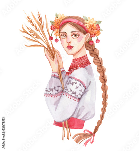Wallpaper Mural A watercolor drawing of a cute Ukrainian girl wearing a traditional embroidered shirt, a wreath with flowers and a necklace. Image of a Ukrainian woman with ears of wheat in her hands. Torontodigital.ca