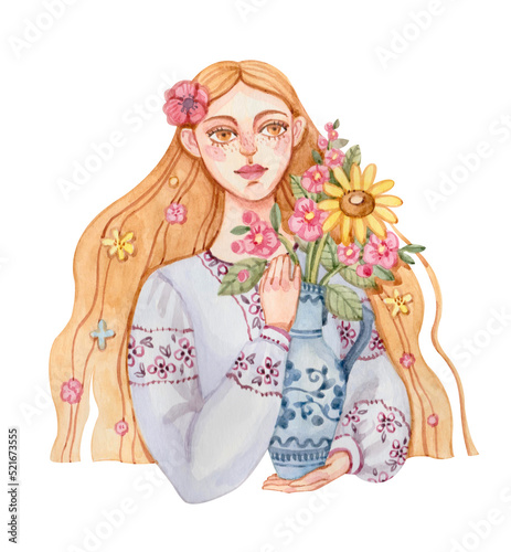 Wallpaper Mural Watercolor illustration with a Ukrainian woman dressed in a traditional embroidered shirt and holding a jug of flowers. Torontodigital.ca