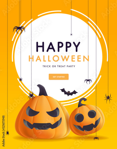 Happy halloween banner with illustration of realistic pumpkins with faces.